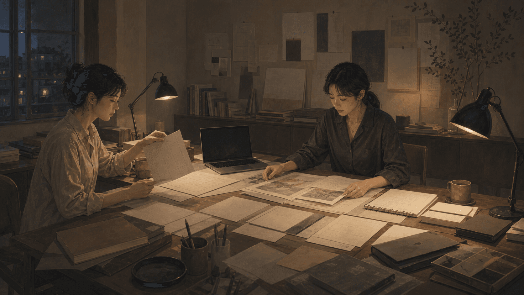 明室理念插圖:夜晚工作室中,兩位女性在桌前閱讀命盤資料,窗外有柔和城市光影