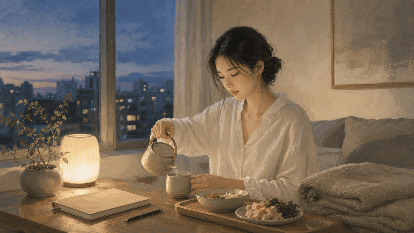 傍晚安靜房間裡成年女性在窗邊準備溫水、簡單晚餐與空白筆記,呈現 2026 五行身心狀態與日常照顧插畫