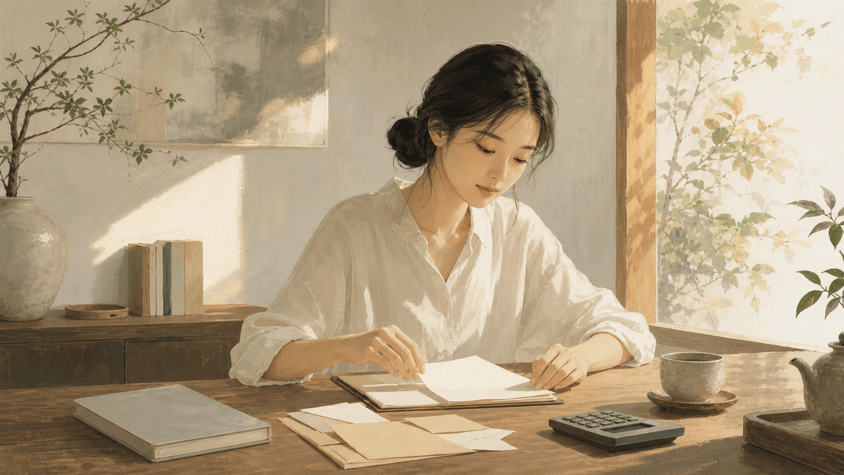 午後明亮書桌上有空白帳本、計算機與命盤資料,成年女性整理財務筆記,呈現 2026 財運流年的收入支出與合作節奏插畫