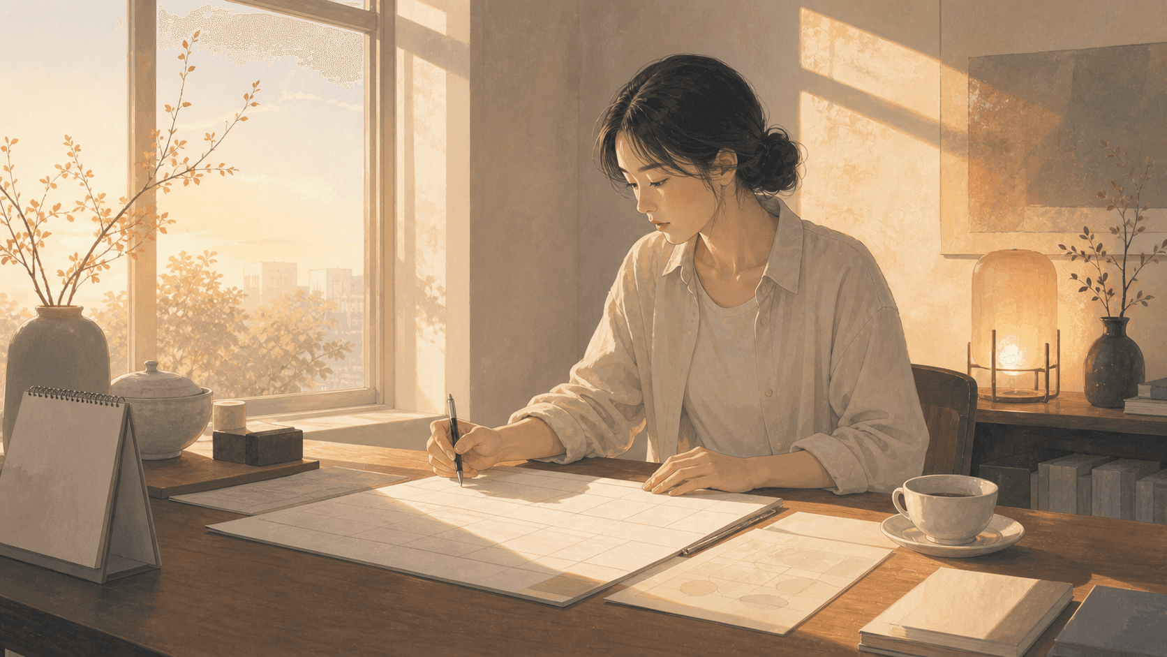 晨光中的現代書房,成年女性對照八字命盤與日曆資料,窗邊有柔和火光色調與簡約流年線條,呈現 2026 丙午流年的插畫
