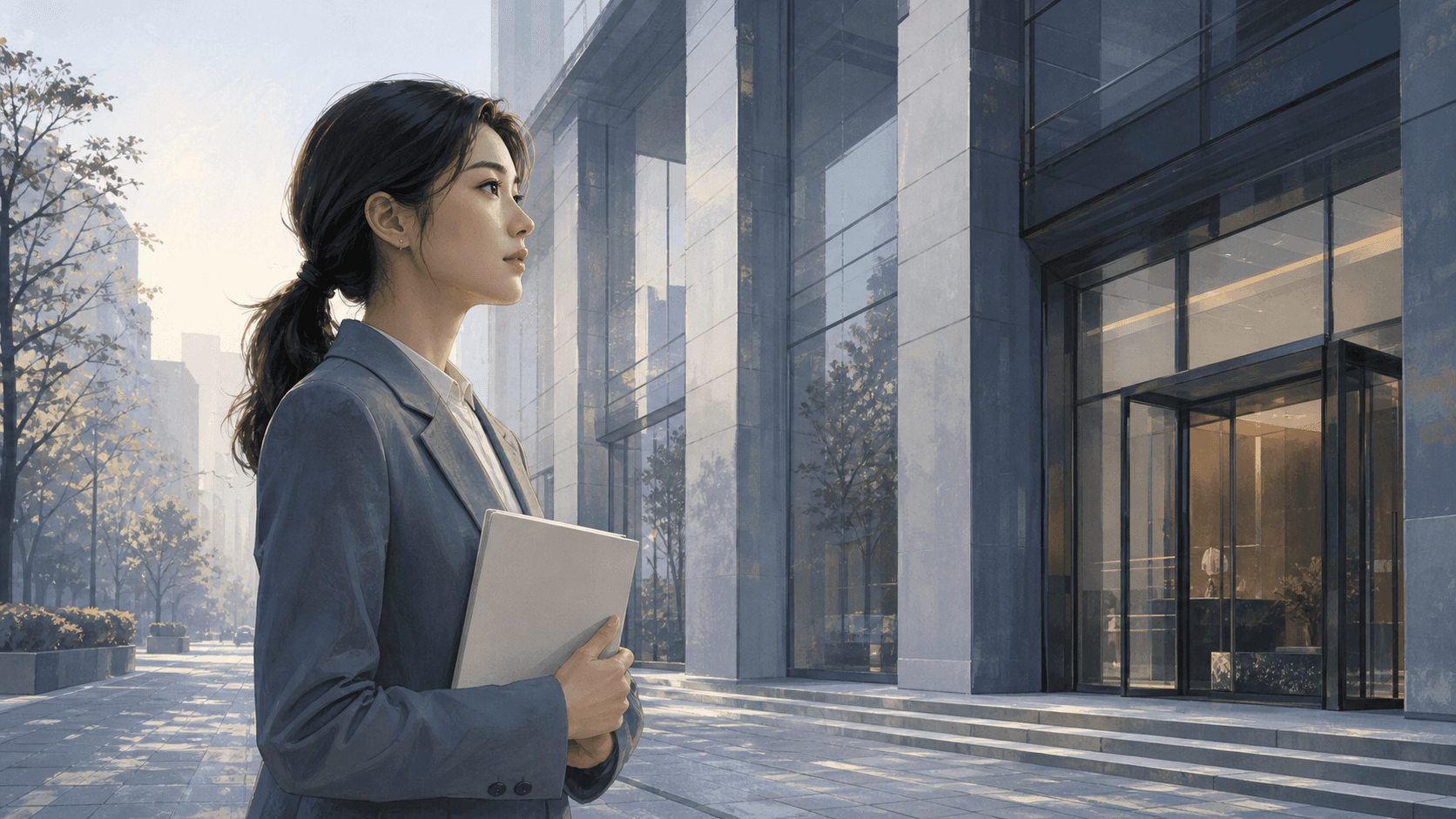 清晨辦公大樓前,成年女性拿著素面筆記本望向入口,呈現流年工作變動、升遷與職場壓力