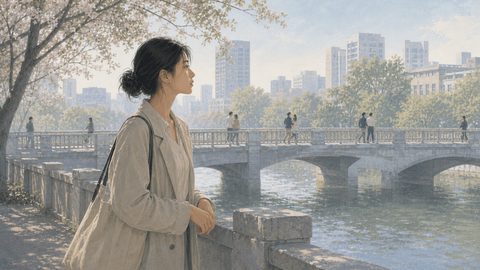 春天城市橋邊,成年女性獨自看著河面與遠方人群,呈現流年感情裡的關係變化與自我整理