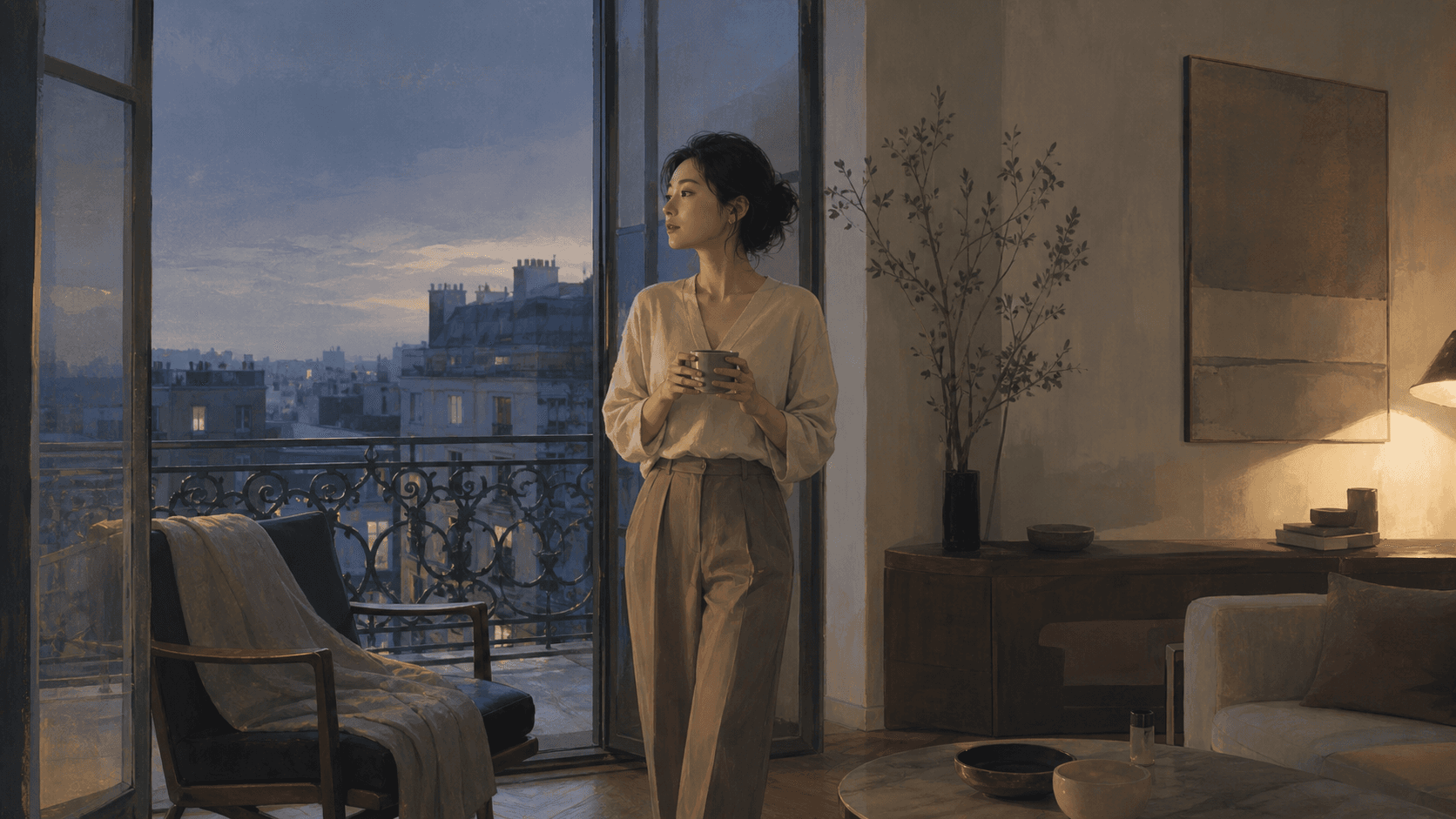 傍晚公寓陽台旁成年女性拿著杯子望向窗外,室內有空椅與柔和燈光,呈現逃避型依戀需要空間的插畫情境