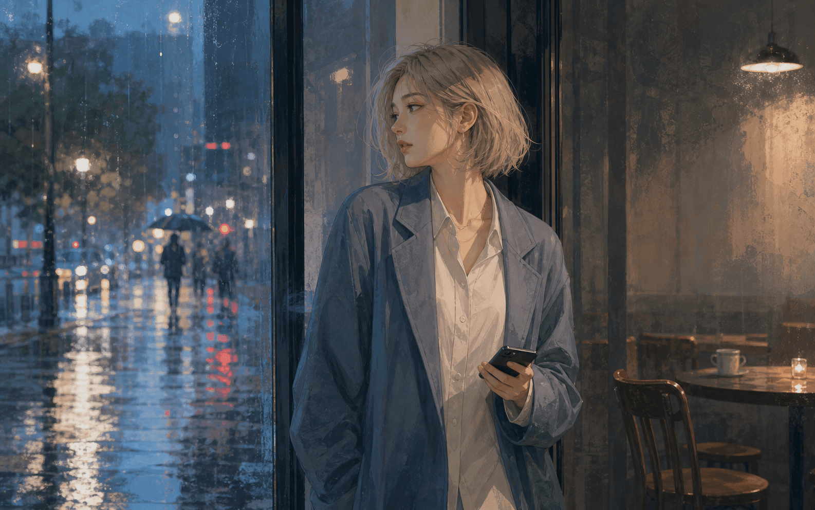 雨天街角成年女性與伴侶隔著一小段距離並肩走路,冷藍灰光線呈現感情靠近時的防衛心與想逃感
