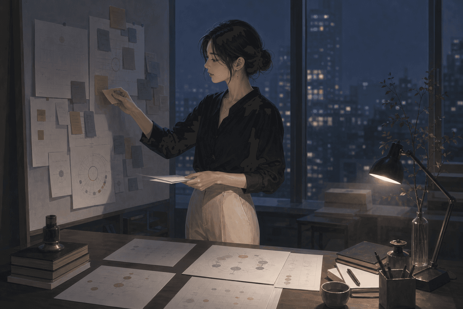 夜晚工作室中,女性在桌前整理命盤紙張與年度資料,移除多餘便條,呈現檢查流年誤會的插畫