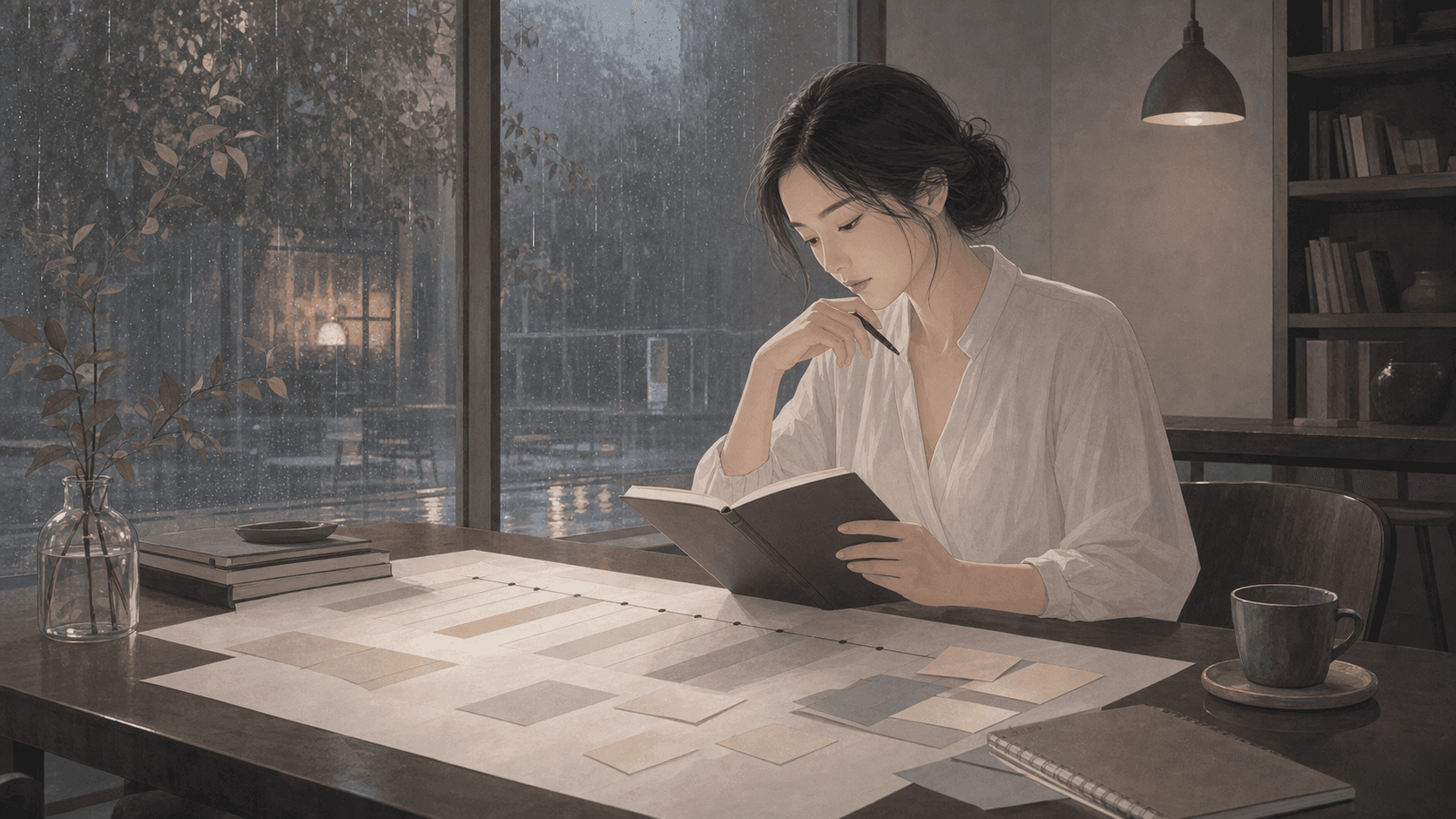 夜晚工作室中,兩位女性整理命盤回饋卡片與年度資料,畫面無文字的現代插畫
