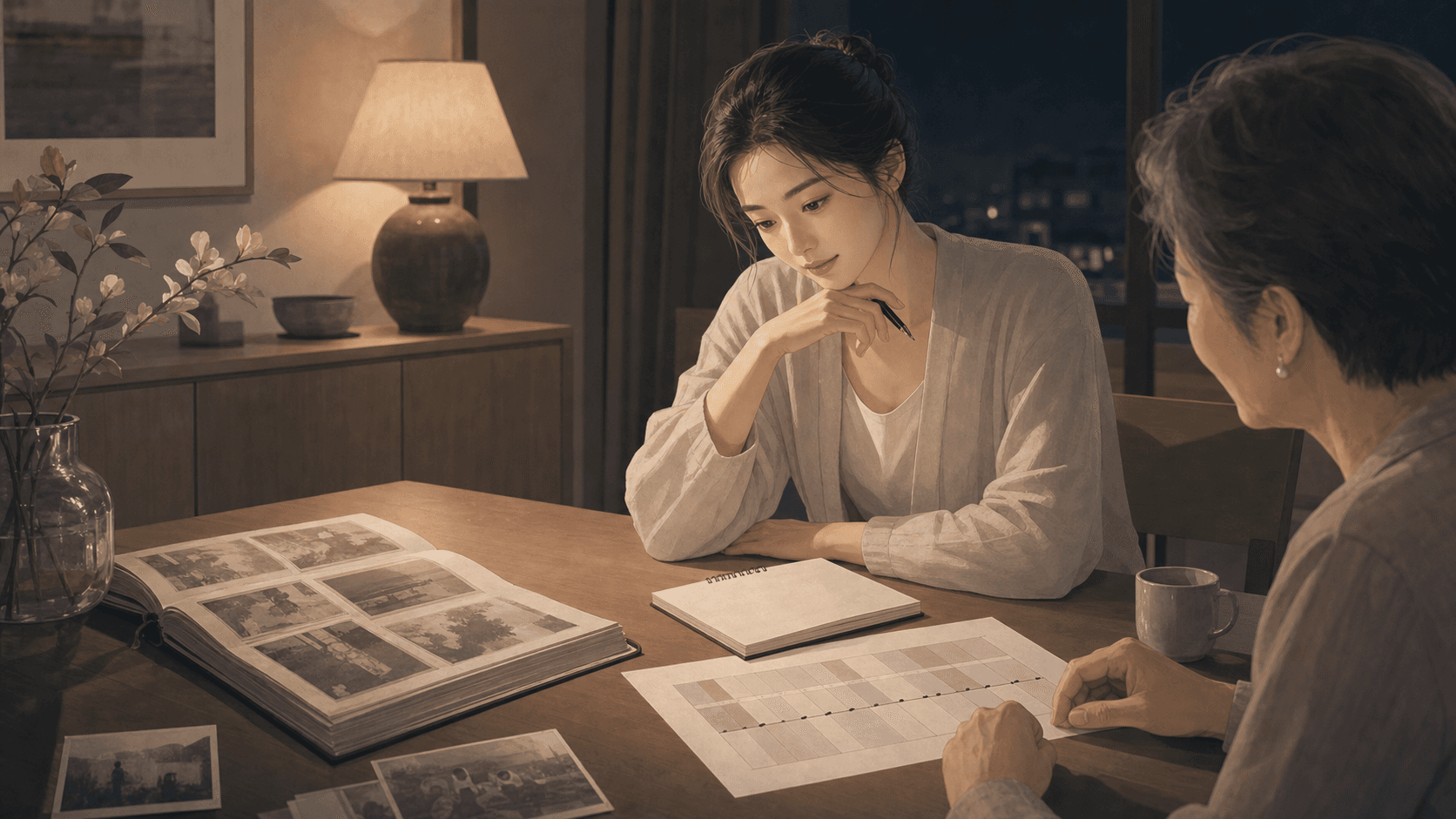 安靜書桌上有命盤資料與未確定時間的留白,一位成年女性在柔和光線下閱讀的插畫