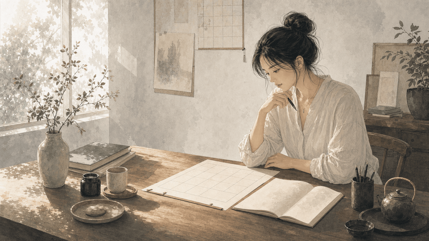 明亮書桌上放著一份簡化八字命盤,成年女性用鉛筆標記日主、五行與大運重點,呈現八字初學者閱讀順序的插畫情境