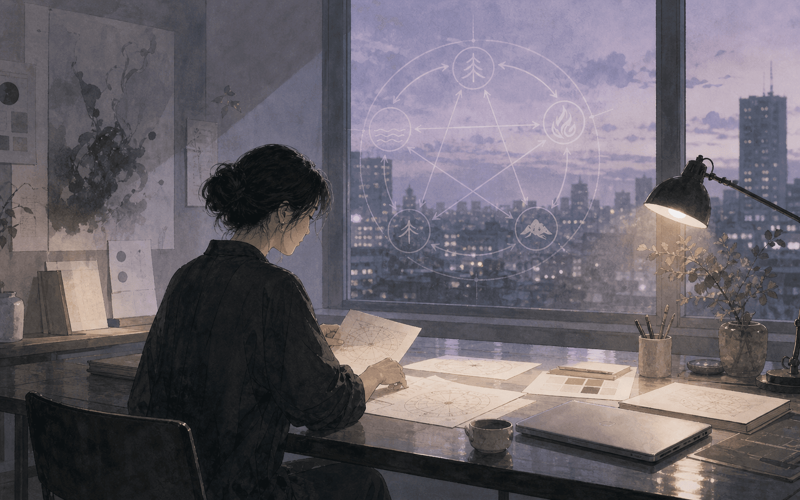 傍晚冷紫灰光中成年女性在安靜工作室整理筆記與命盤線條,呈現八字事業分析與工作人格的插畫情境