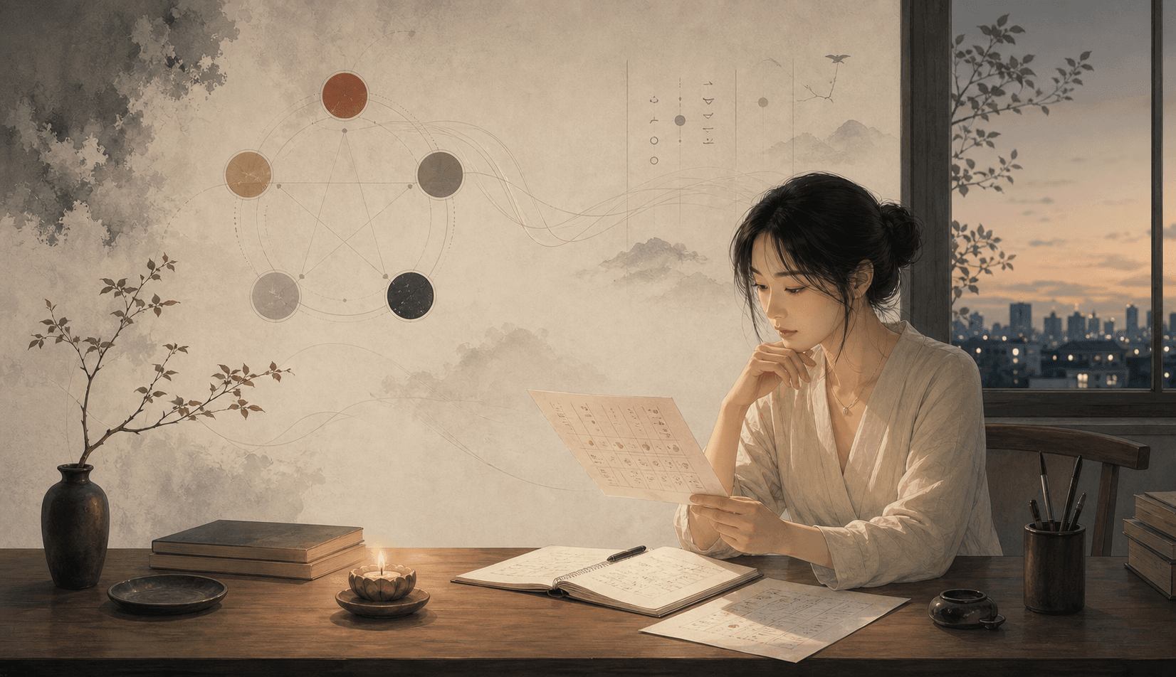 成年女性坐在八字命盤資料旁閱讀,背景有五行圓盤與流動線條,呈現八字排盤資料解讀的插畫情境