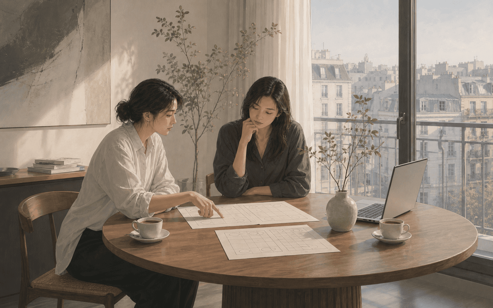 清晨海外公寓餐桌旁,兩位成年女性朋友對照兩份空白命盤資料與咖啡,呈現八字合婚需要的出生資料、夫妻宮與大運流年