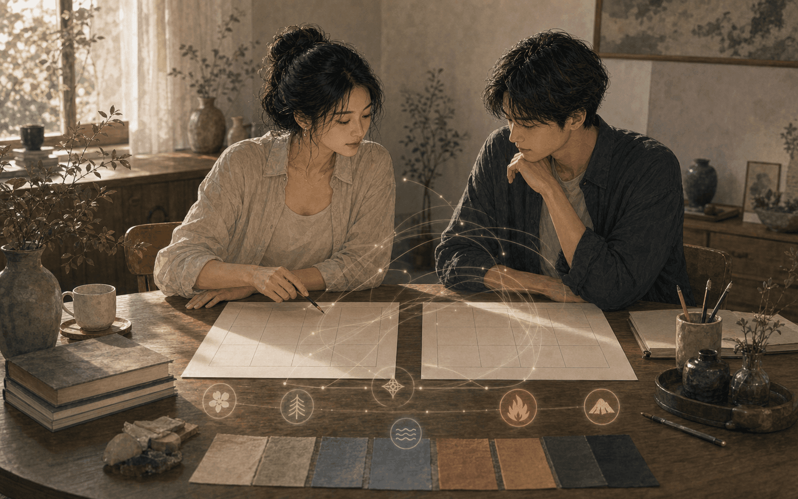 柔和現代生活場景中成年女性與伴侶安靜互動,呈現合盤順序在八字感情裡的日支、五行、十神、大運與現實互動