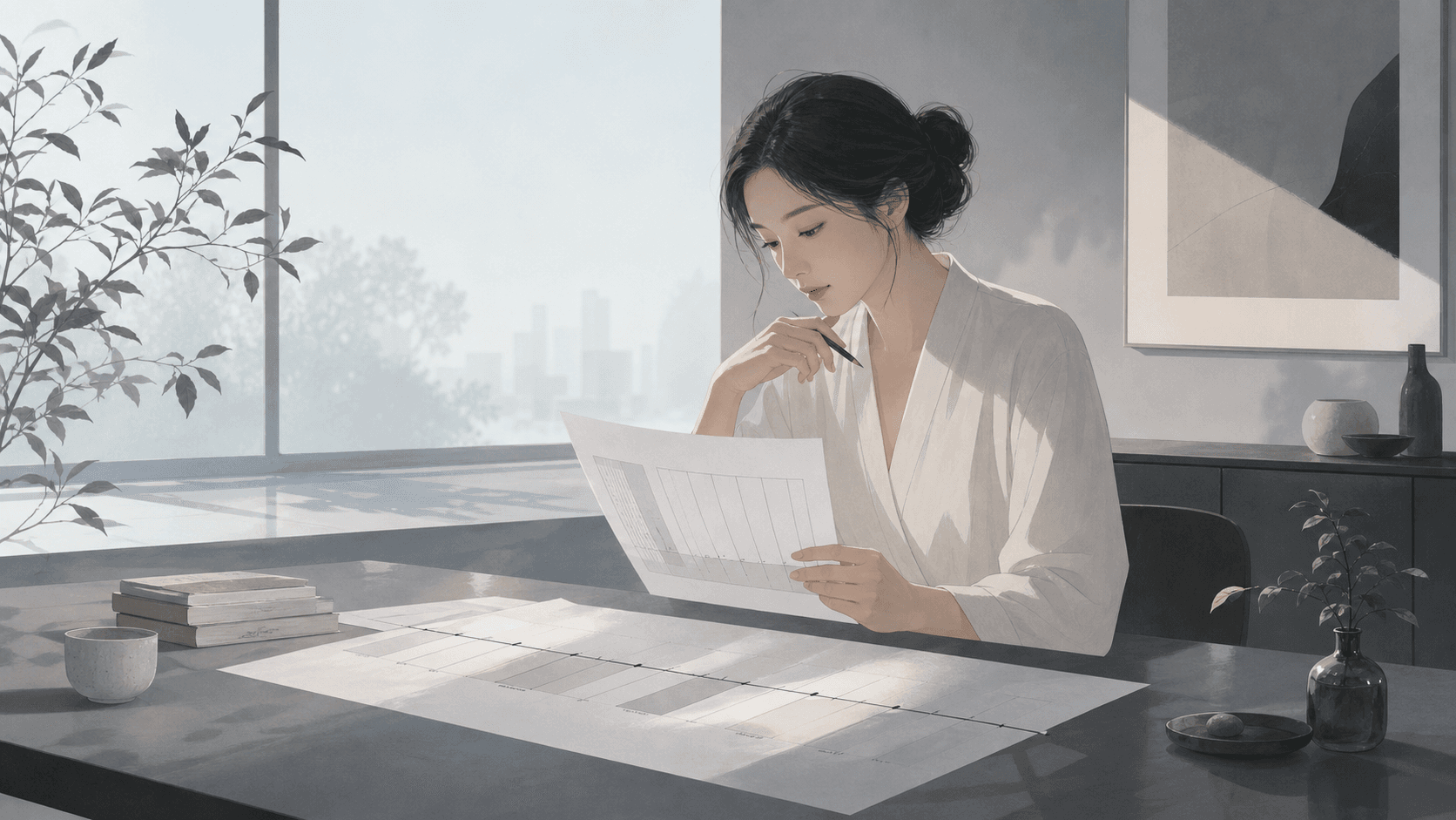現代閱讀室中,一位成年女性看著十年大運時間軸與命盤資料,窗外有清晨光影的插畫