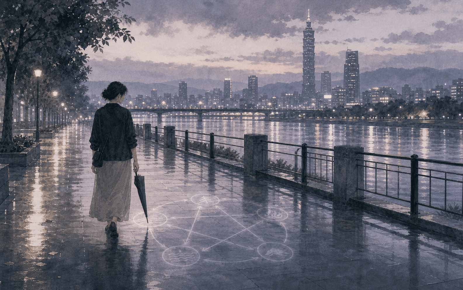雨後傍晚成年女性走在河岸邊,遠處城市燈光與淡淡命盤線條交錯,呈現八字感情模式與安全感分析的插畫情境