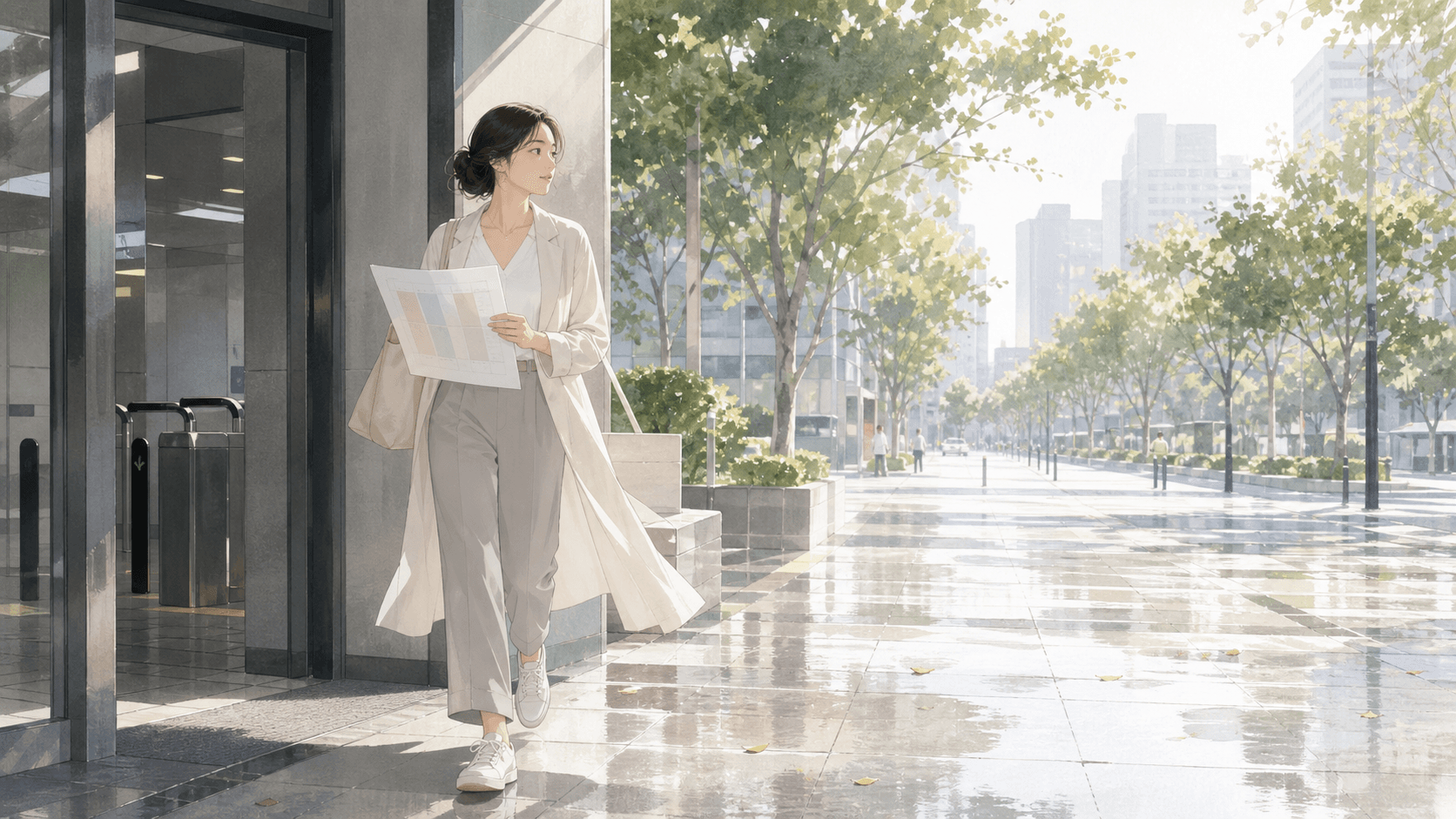 清晨街道上,一位成年女性走出車站,手中拿著大運時間資料,畫面有柔和晨光的插畫