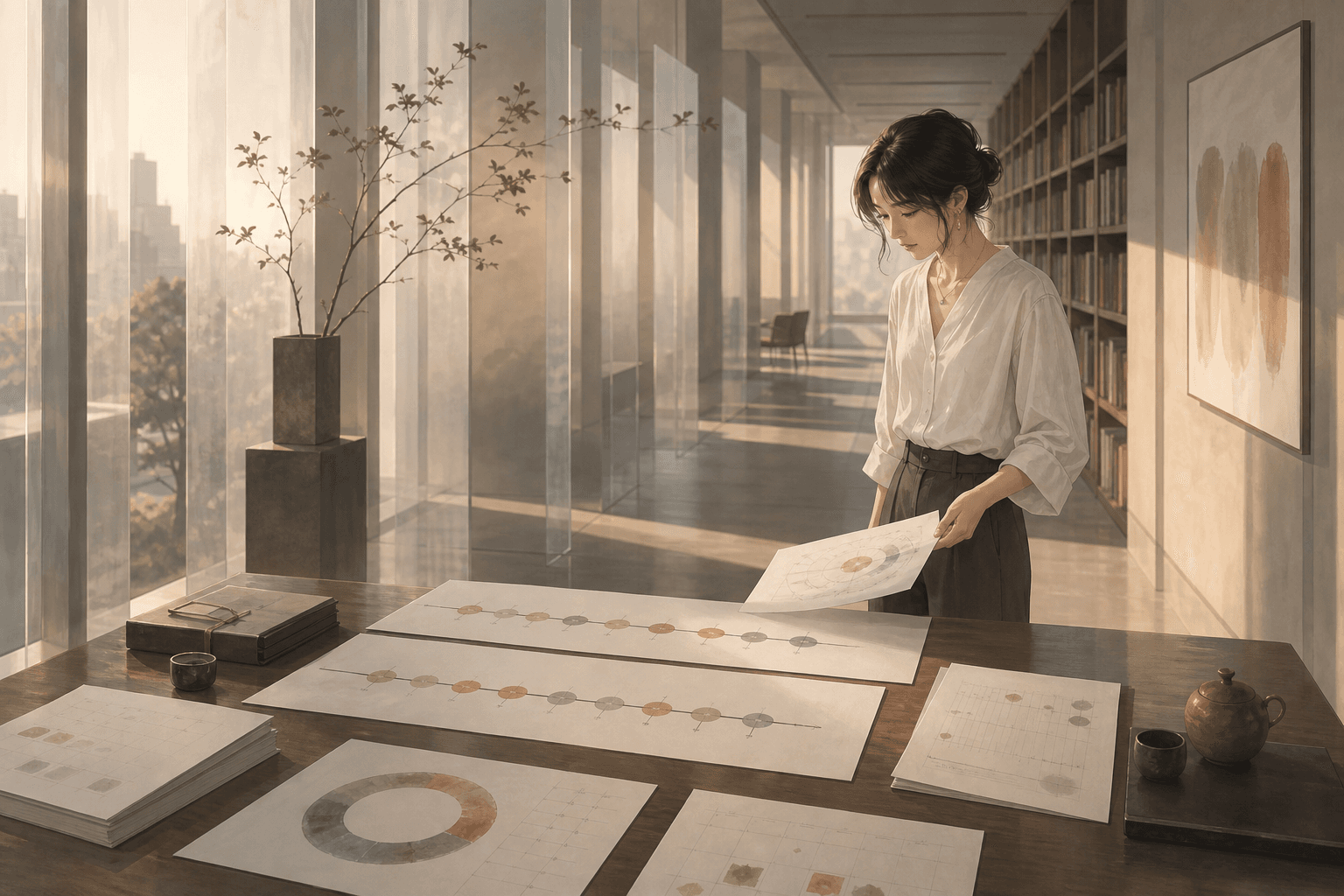 午後城市圖書館中,女性在長桌前對照十年大運與一年流年的紙本資料,光影柔和的現代插畫