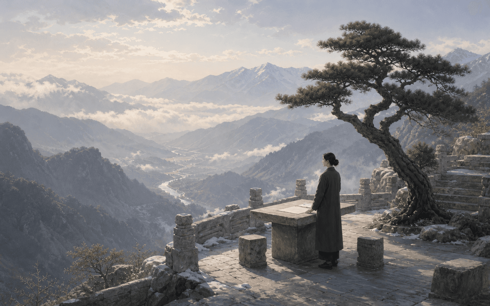 柔和東方雜誌插畫風格的命盤閱讀場景:書案、紙張與光影,呈現命盤強弱與力量分布的意象
