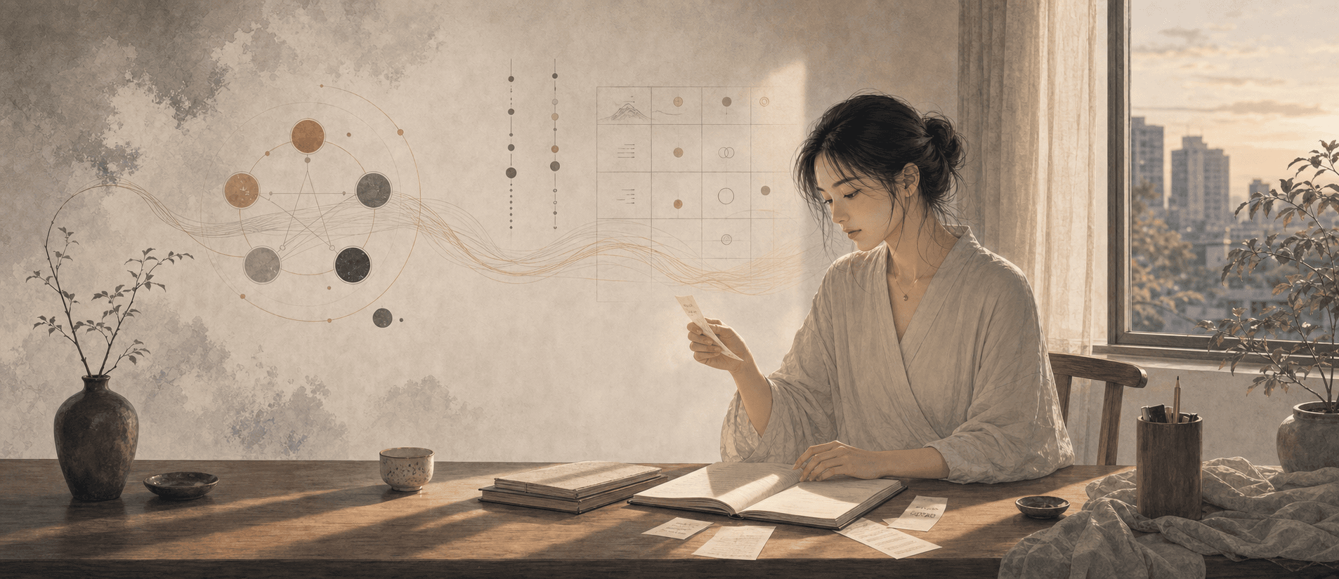 成年女性在窗邊整理帳本與淡色命盤線條,桌面有低飽和金色光帶,呈現八字財運與資源管理的插畫情境