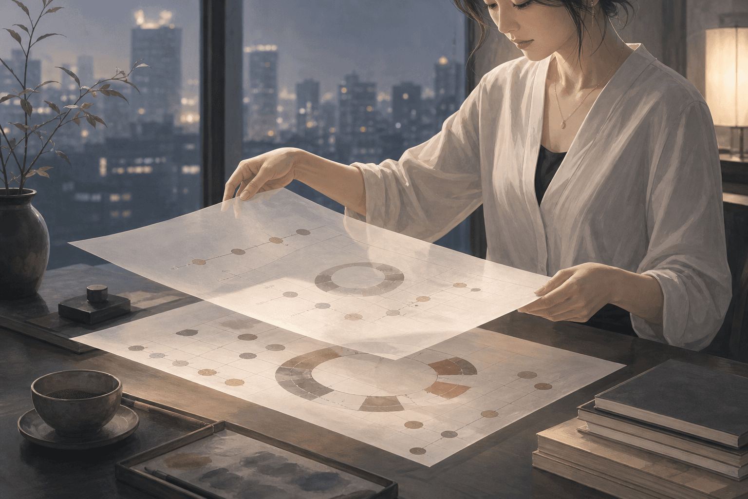 夜晚公寓書桌前,女性手中拿著兩層半透明命盤紙張,窗外城市光影安靜流動的插畫