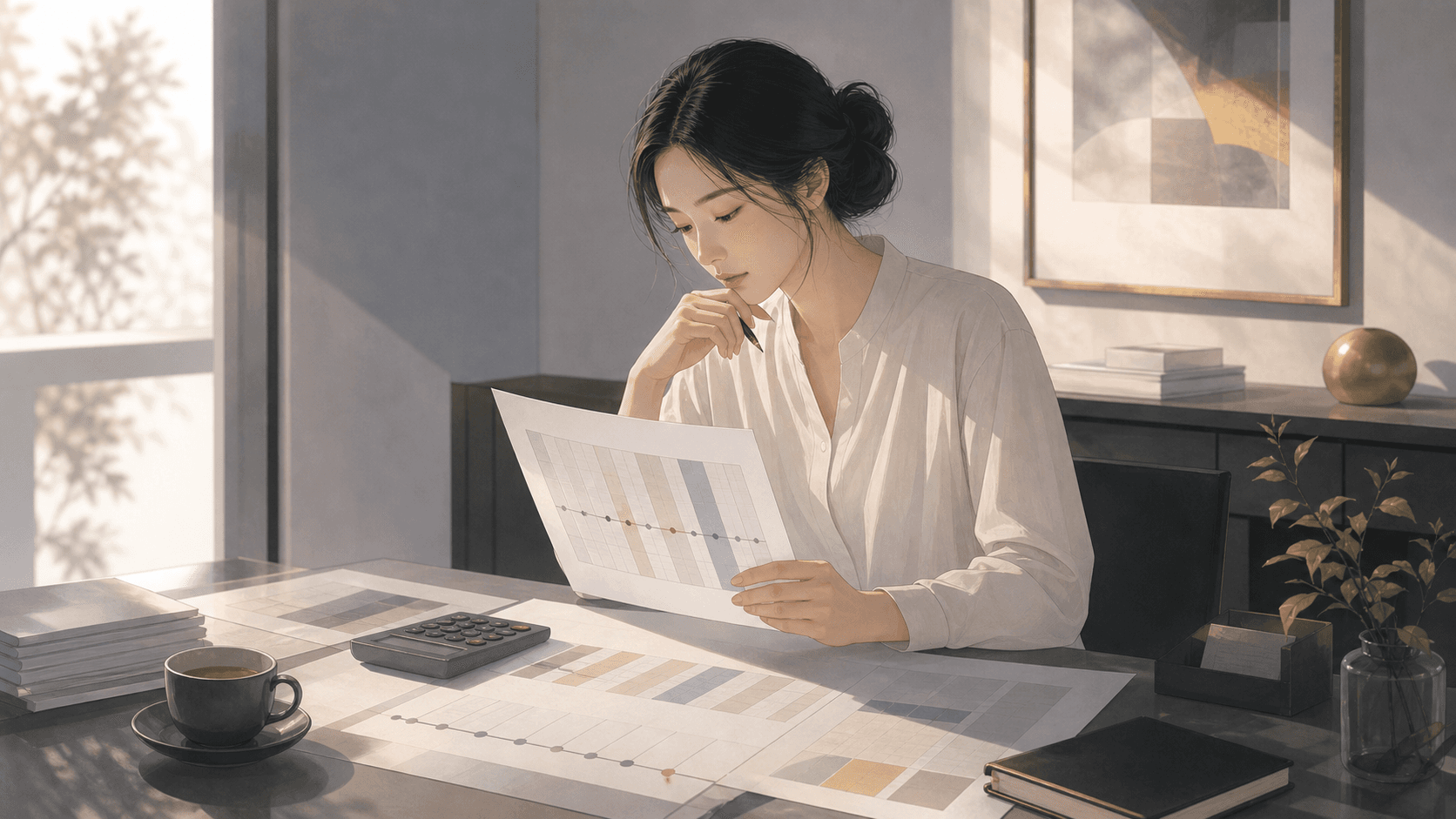 夜晚書桌上放著帳本、手機與八字流年資料,一位成年女性在柔和燈光下整理財務的現代插畫