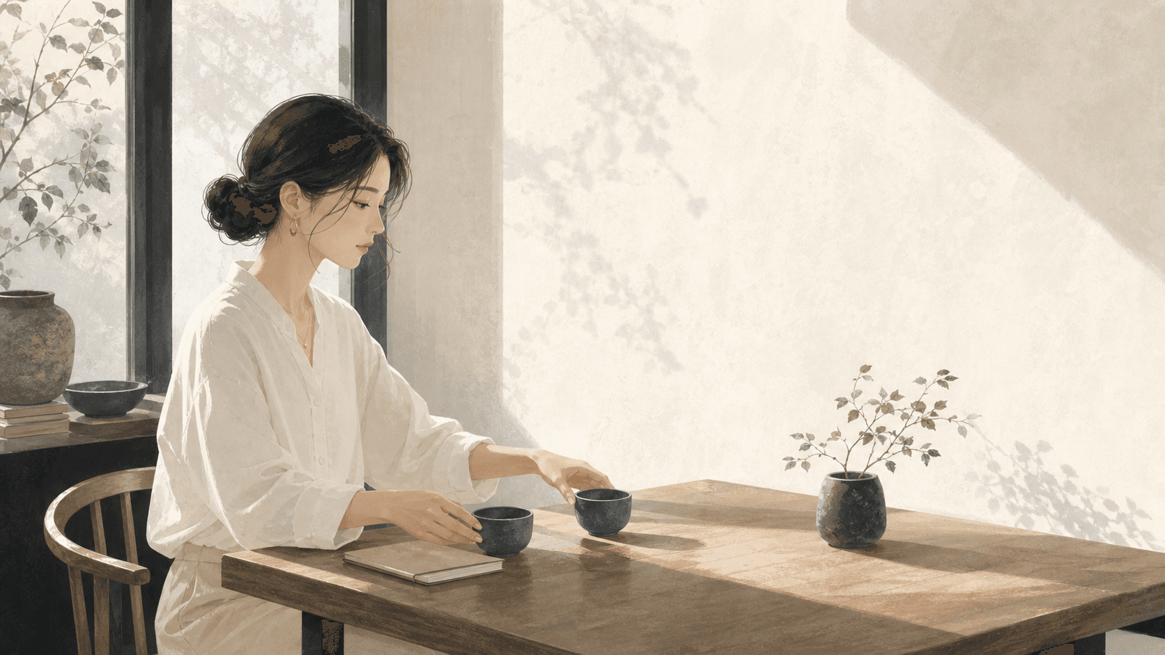 清晨安靜室內,成年女性在木桌旁整理兩只杯子與筆記本,呈現比肩的自我感與並肩關係插畫情境