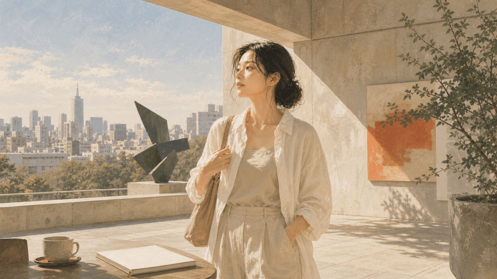 夏日下午的現代美術館露台上成年女性望向城市日光,桌上有空白筆記與茶杯,呈現丙火日主 2026 丙午流年的自我、表達與節奏插畫