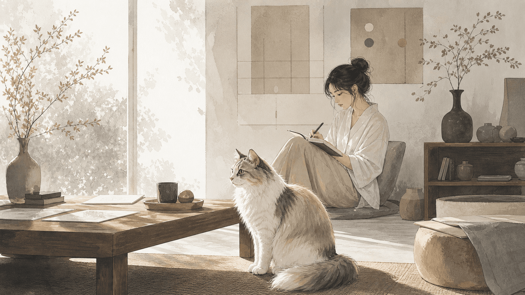 清晨窗邊,一位女性坐在木地板旁觀察貓咪喝水,柔和光影與簡約居家場景,無文字