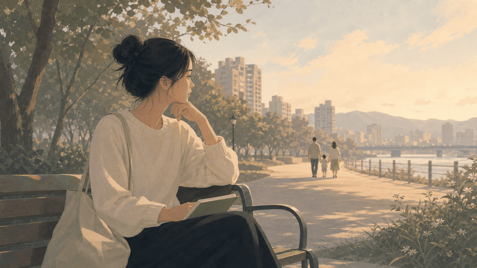 傍晚河岸公園長椅上,一位女性看著遠方家庭散步,呈現猶豫要不要生小孩的焦慮與人生選擇