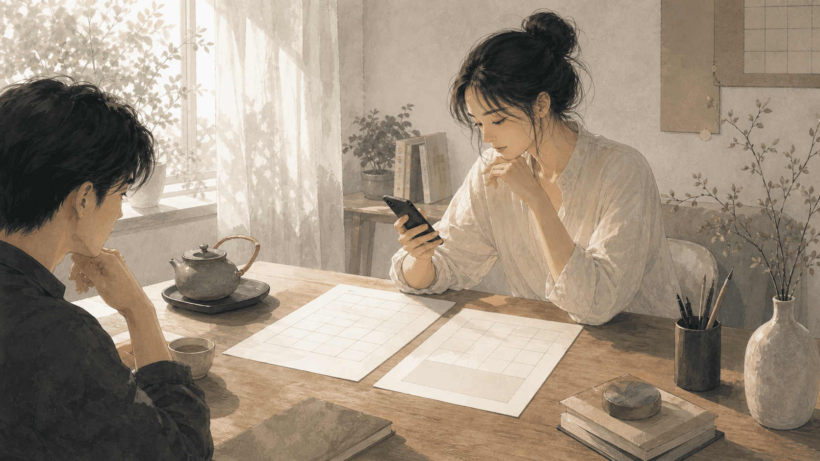 午後書桌上放著兩張空白資料卡與一杯茶,一位女性正在查手機日期,畫面簡約無文字