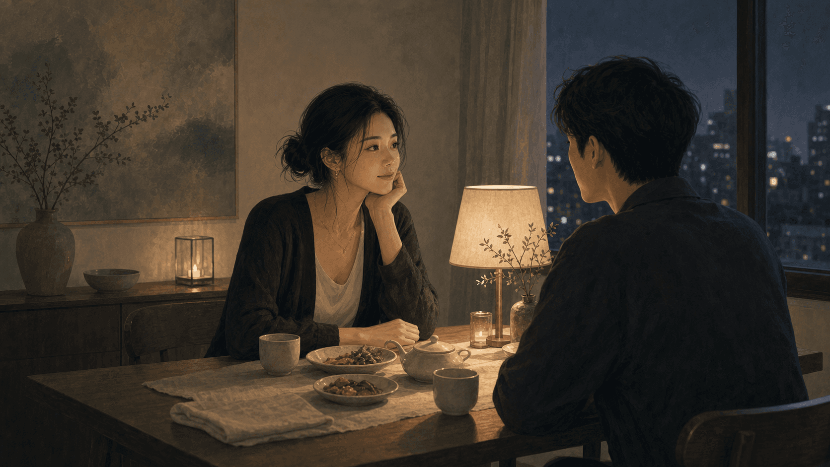 夜晚溫柔燈光下,成年女性與伴侶在餐桌旁安靜交談,呈現丁火感情裡的細膩、陪伴與安全感