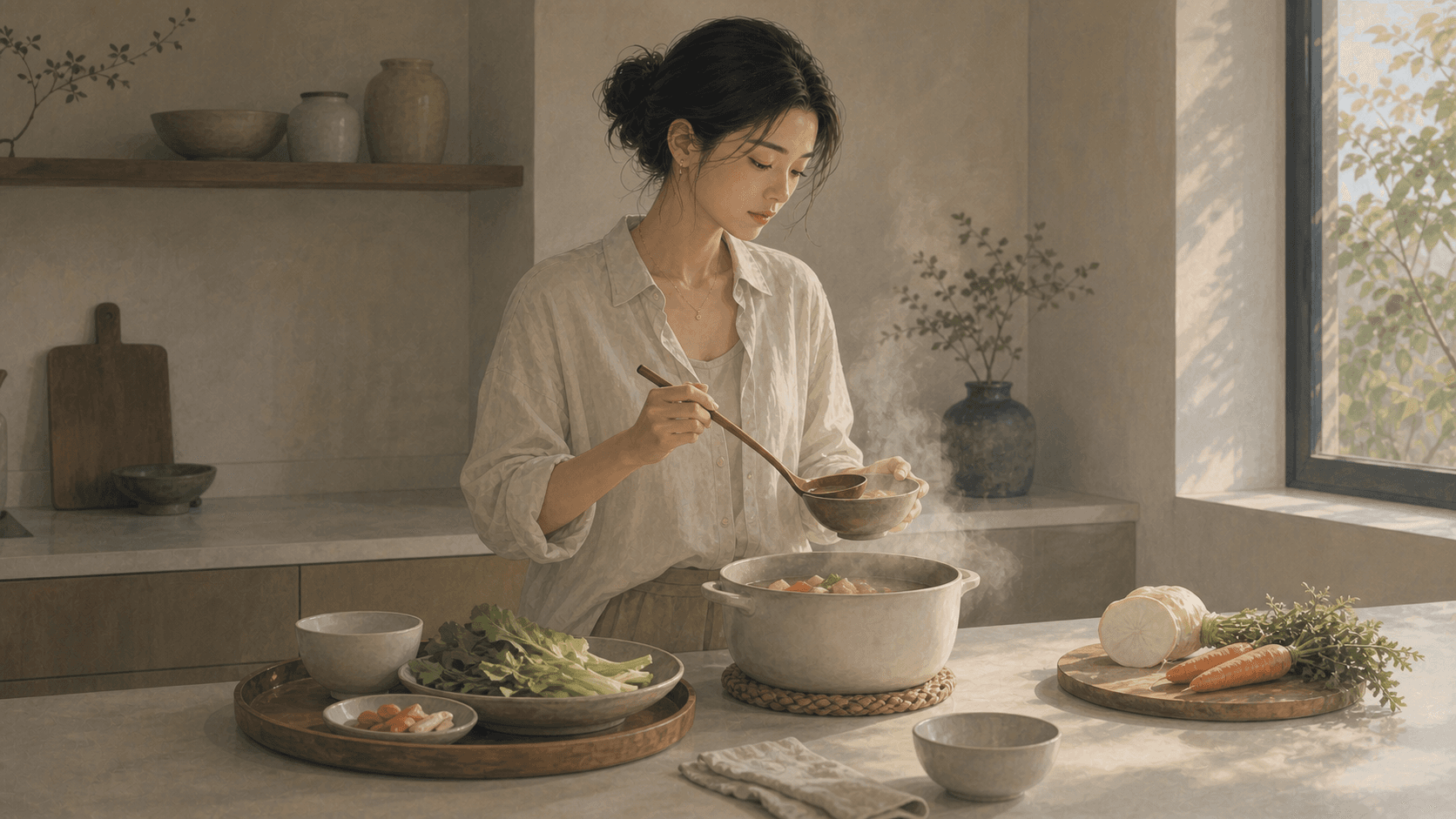 午後安靜廚房裡,成年女性準備溫熱湯品與簡單蔬食,呈現五行土旺的責任感、消化與生活重量