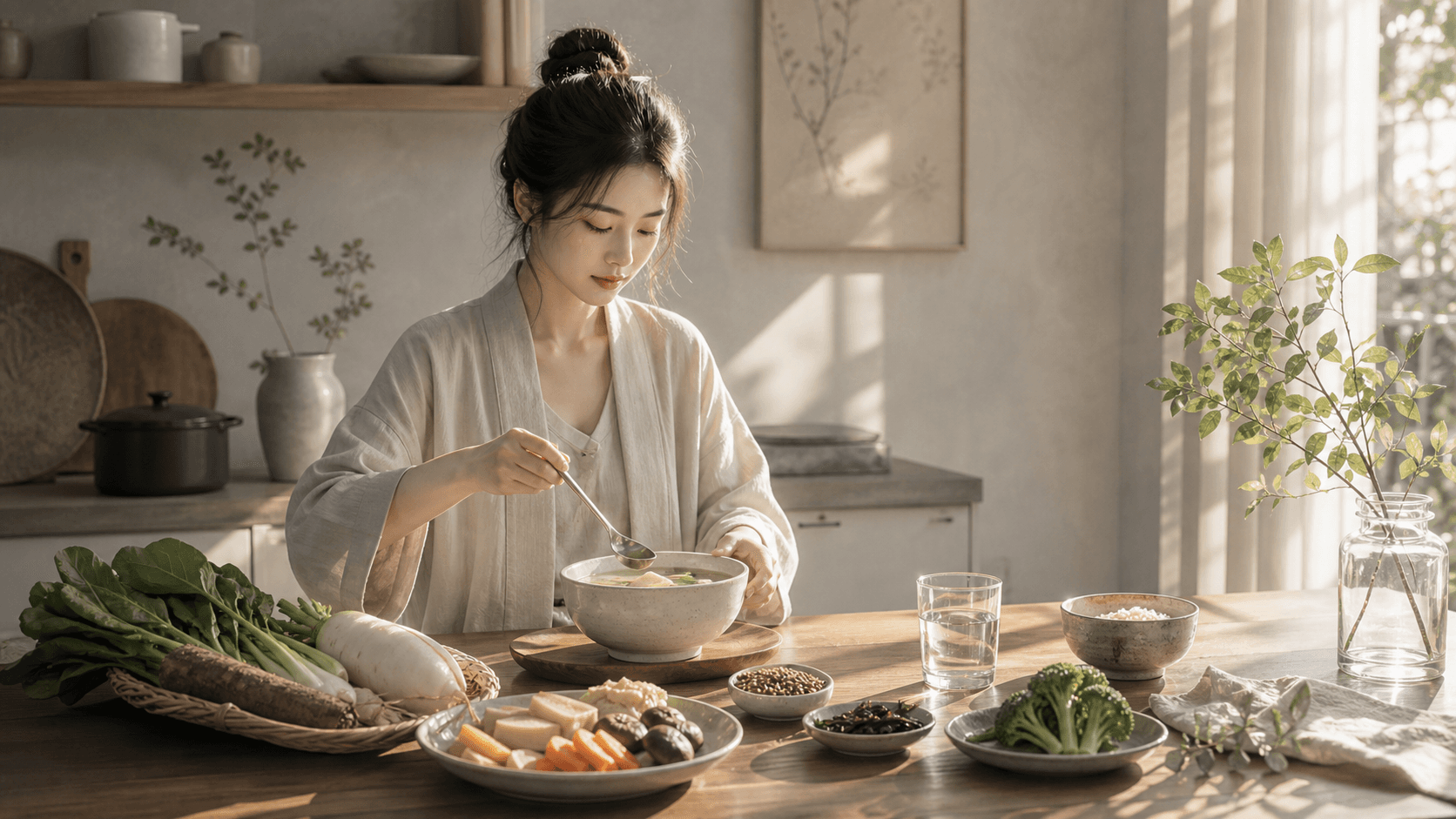 清晨餐桌前女性準備溫熱早餐,桌上有蔬菜、根莖、湯品、水杯與木質光影,呈現五行與飲食節奏的插畫