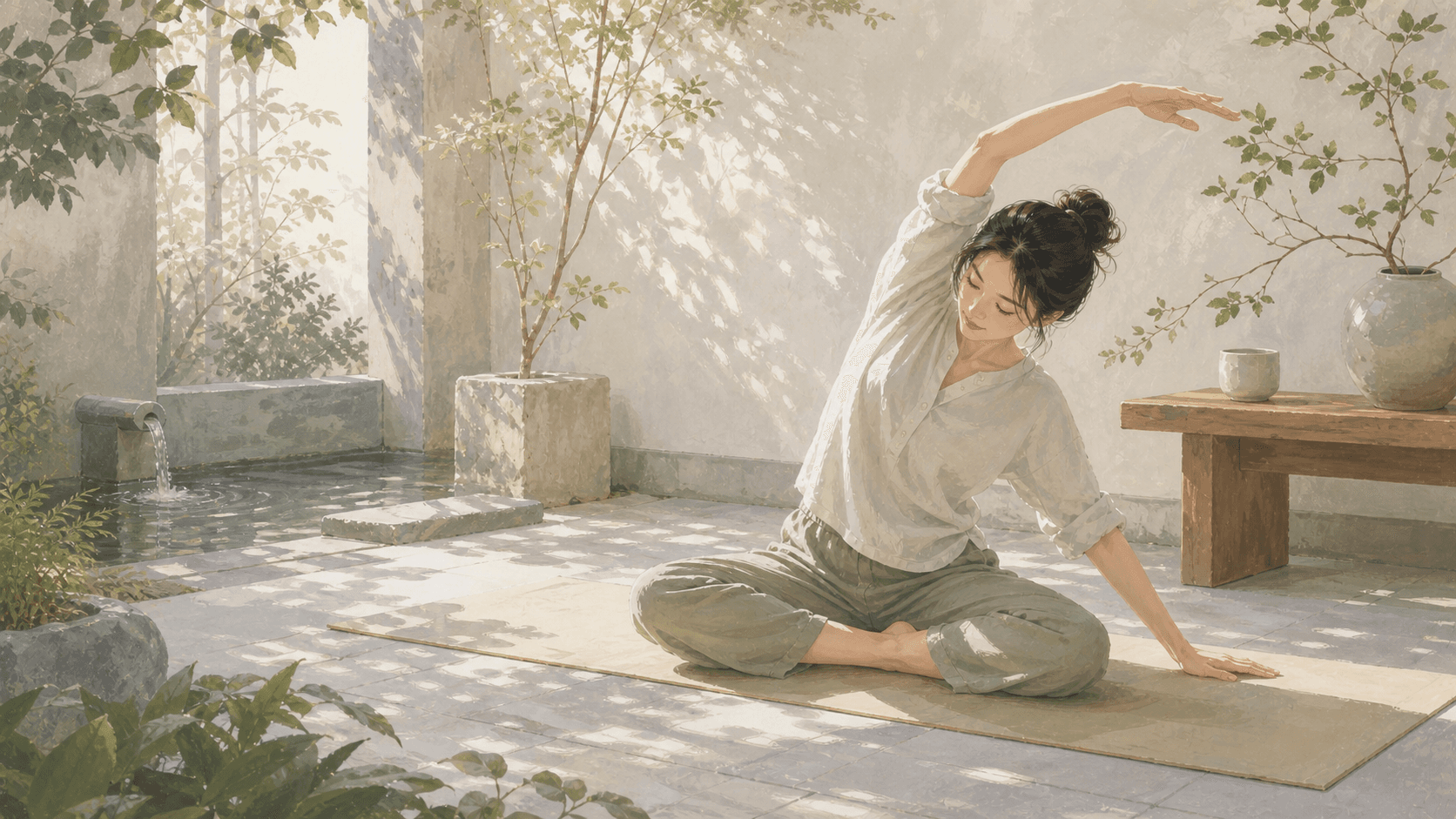 清晨戶外庭院裡成年女性做溫和伸展,旁邊有植物、陶杯、石板與水面,呈現五行與運動伸展的插畫情境