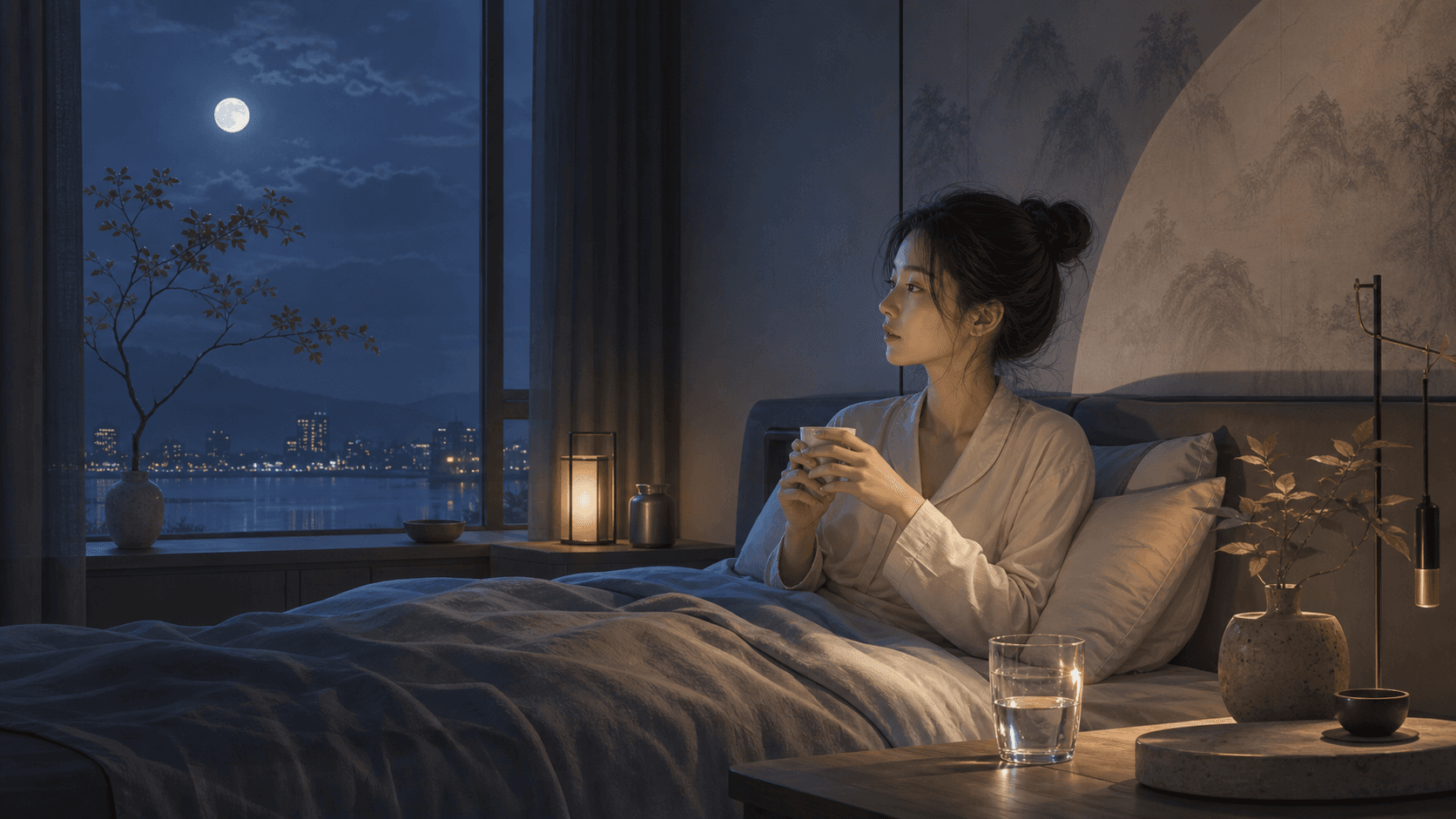 夜晚安靜臥室裡女性靠近窗邊休息,桌上有溫水、植物與柔和燈光,呈現五行與睡眠節奏的插畫