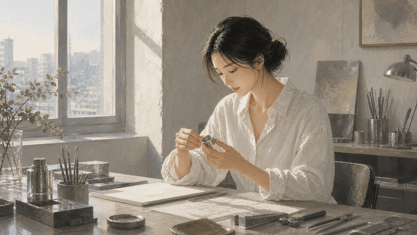 清晨現代工藝工作室中成年女性整理金屬工具與空白設計稿,呈現庚金日主 2026 丙午流年的壓力、工作與秩序插畫