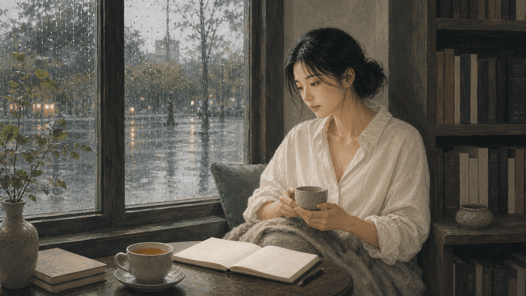 雨後午後的安靜圖書館窗邊成年女性整理空白筆記與茶杯,呈現癸水日主 2026 丙午流年的財運、感情與身心狀態插畫