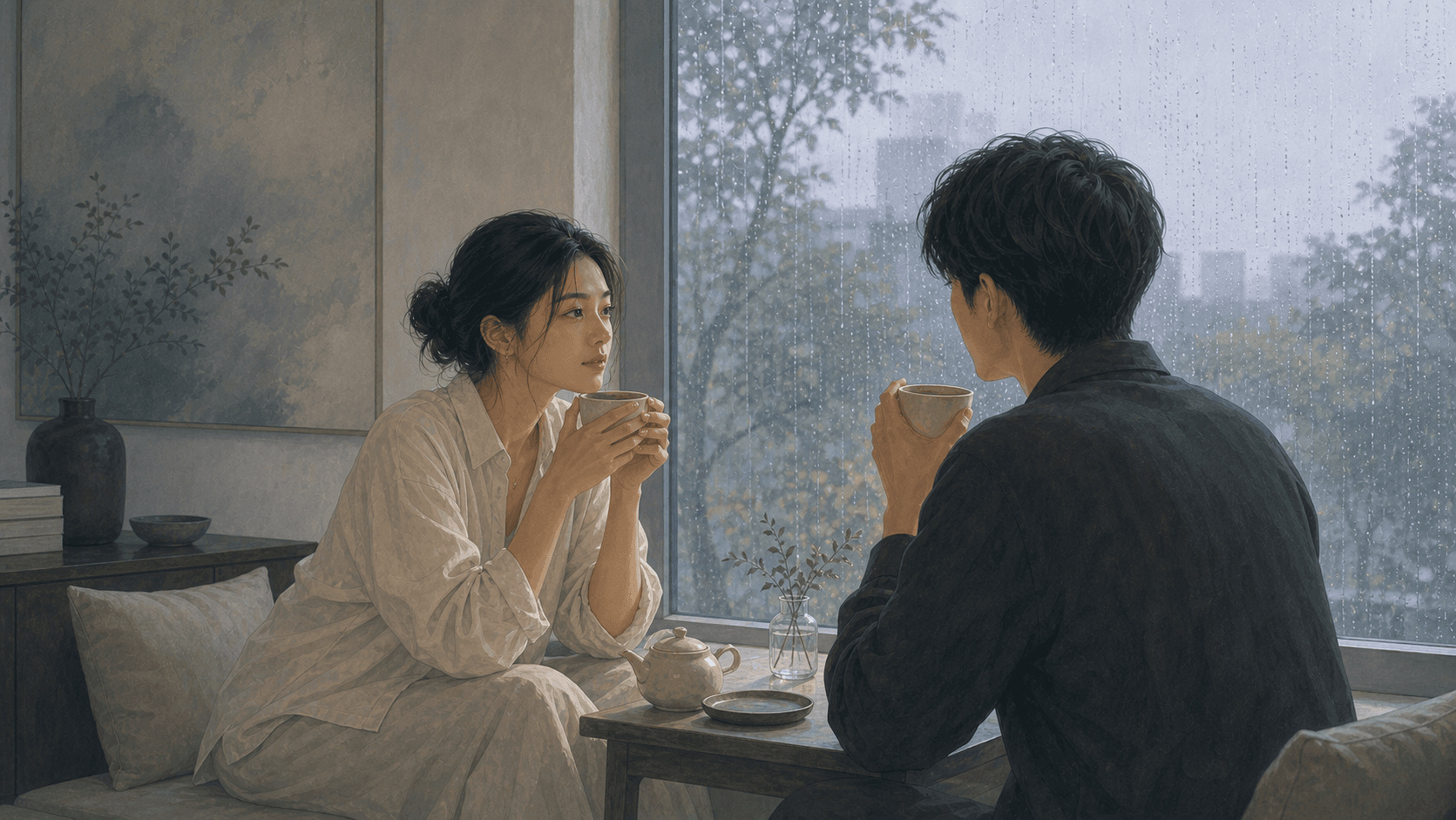 雨後清晨窗邊,成年女性與伴侶安靜坐著喝茶,呈現癸水感情裡的敏感、記憶與安全感