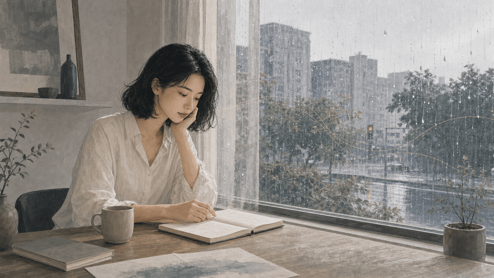 雨後清晨窗邊成年女性翻閱筆記,玻璃上有細雨水痕,呈現癸水日主細膩感受與洞察力的插畫情境