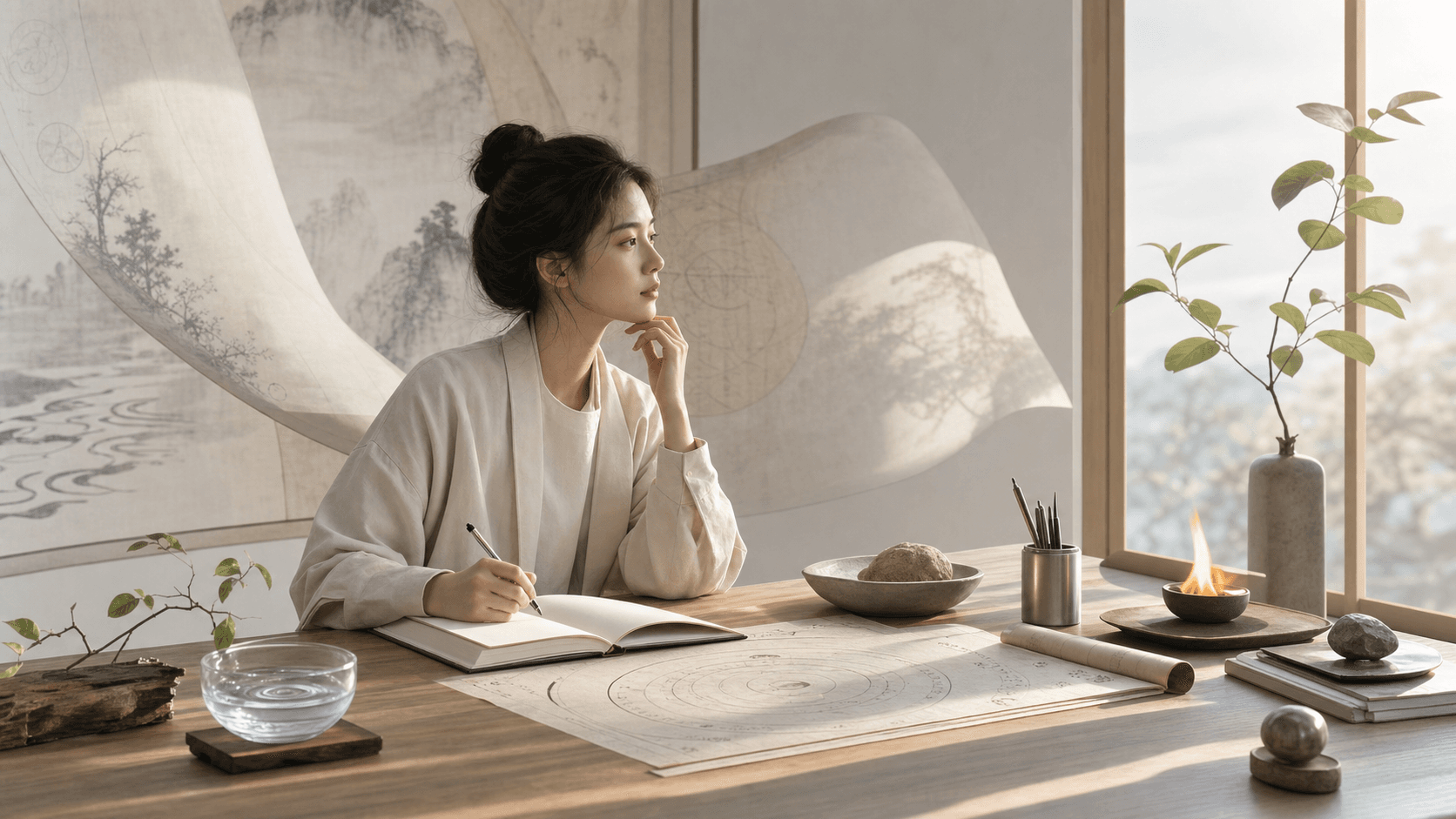 清晨書桌前的女性閱讀八字曆法資料,窗邊有淡淡五行自然元素與傳統卷軸光影的現代插畫