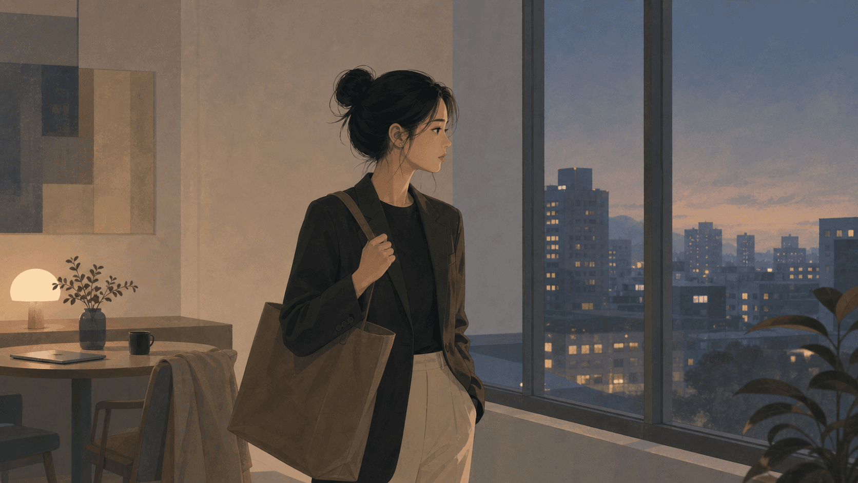 傍晚辦公室窗邊,一位女性外表平靜地看向城市,手握著包帶,呈現高功能焦慮與內在緊繃