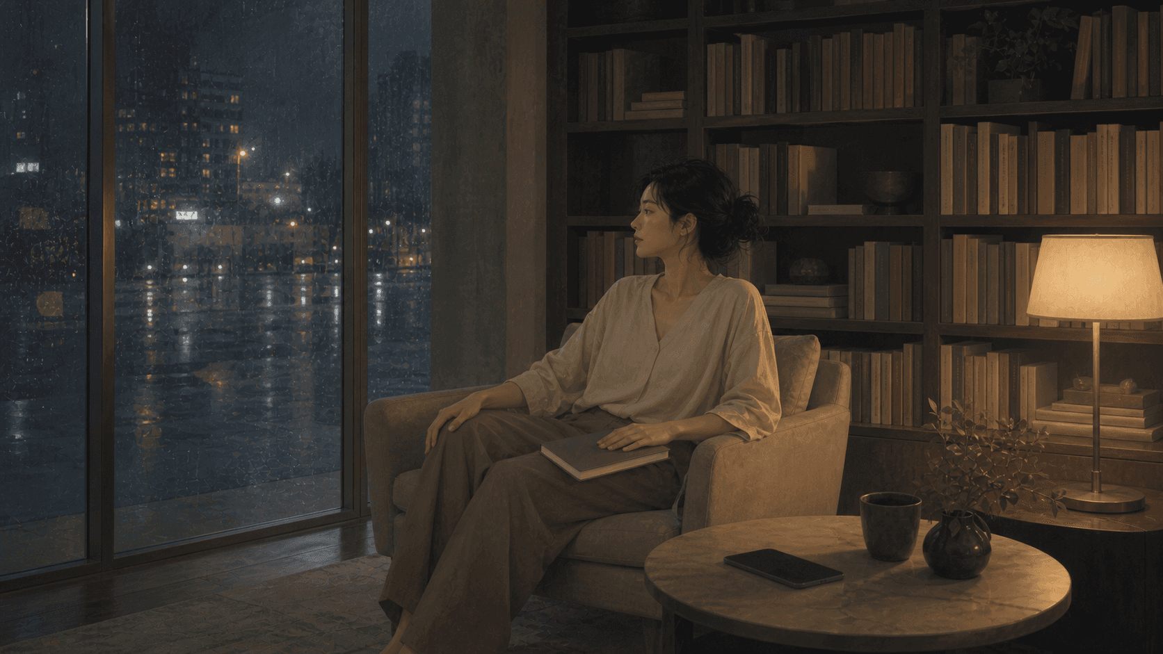 雨夜閱讀角落裡成年女性坐在扶手椅上,手機放在桌面,手扶空白筆記本,呈現資訊疲乏後需要安靜的插畫情境