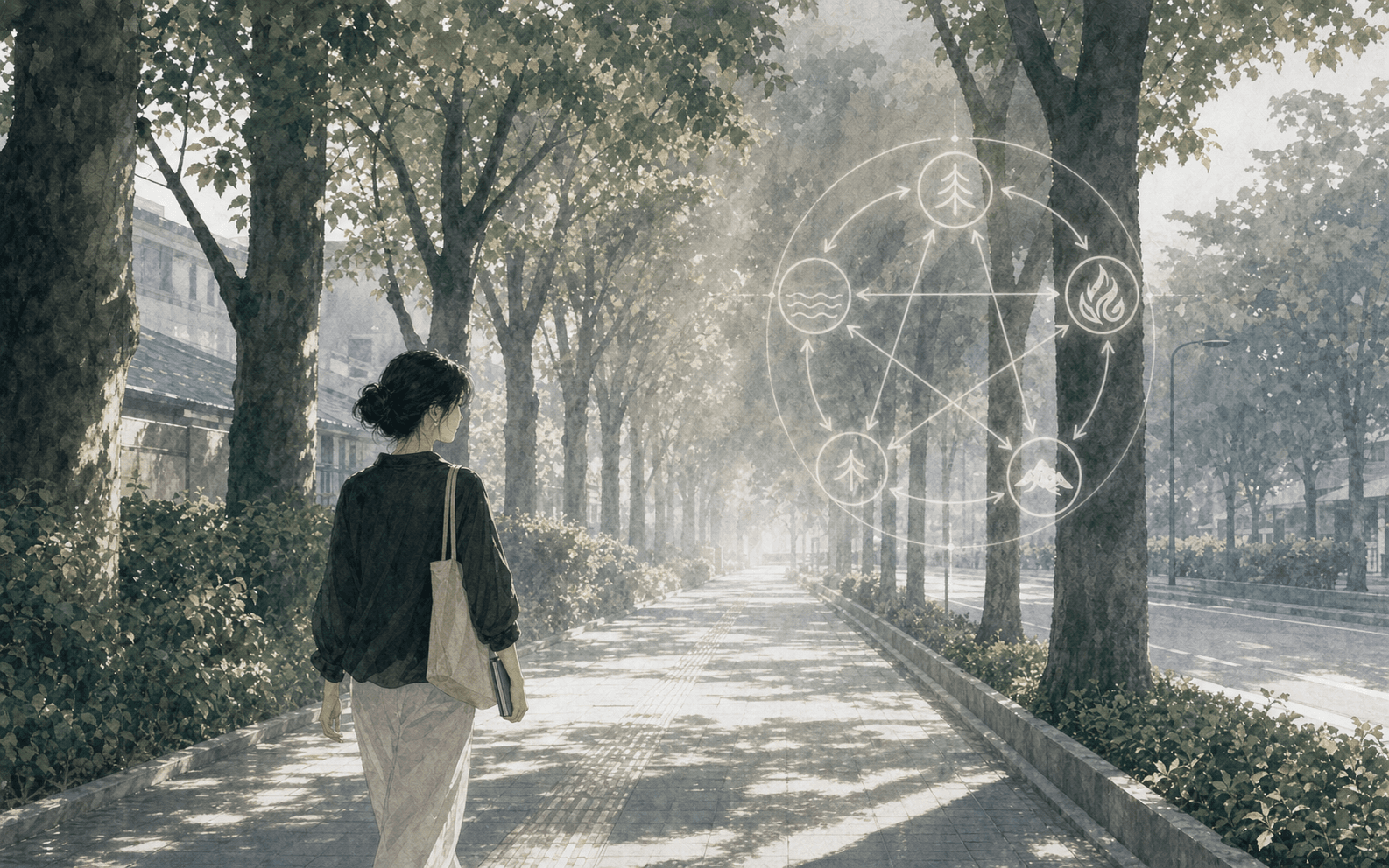 清晨樹影下成年女性走過安靜街道,遠處有淡淡五行線條,呈現甲木日主生長與方向感的插畫情境