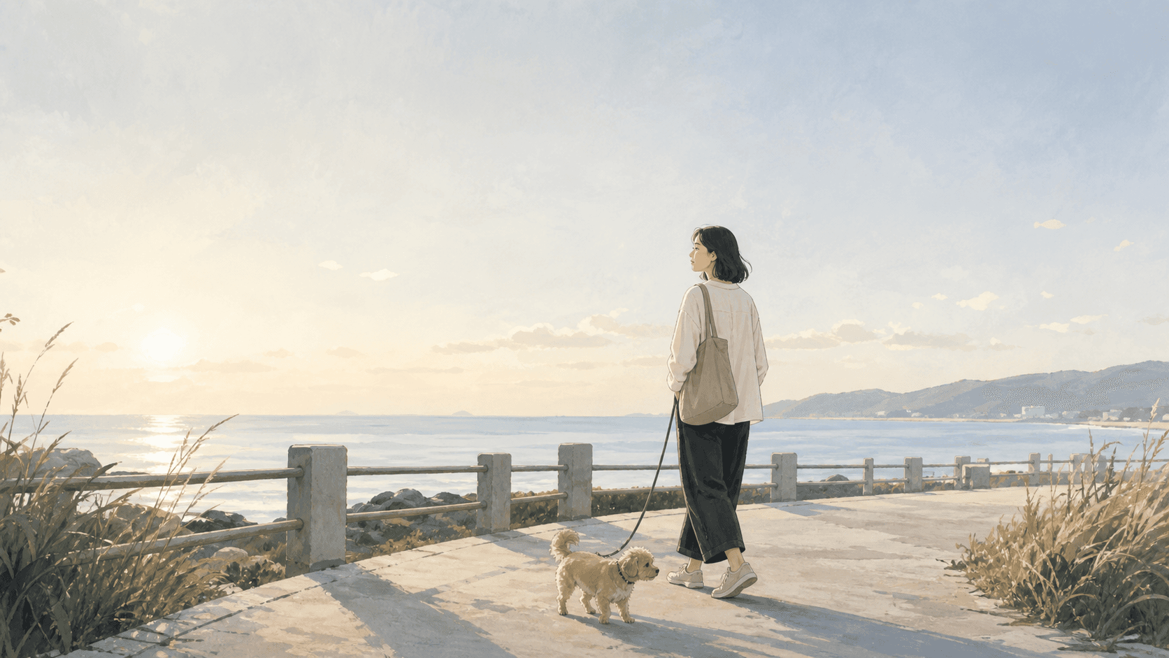 清晨海邊步道上一位成年女性牽著小狗看向遠方,柔和晨光與簡約風景呈現人生方向感與生活重新整理的插畫