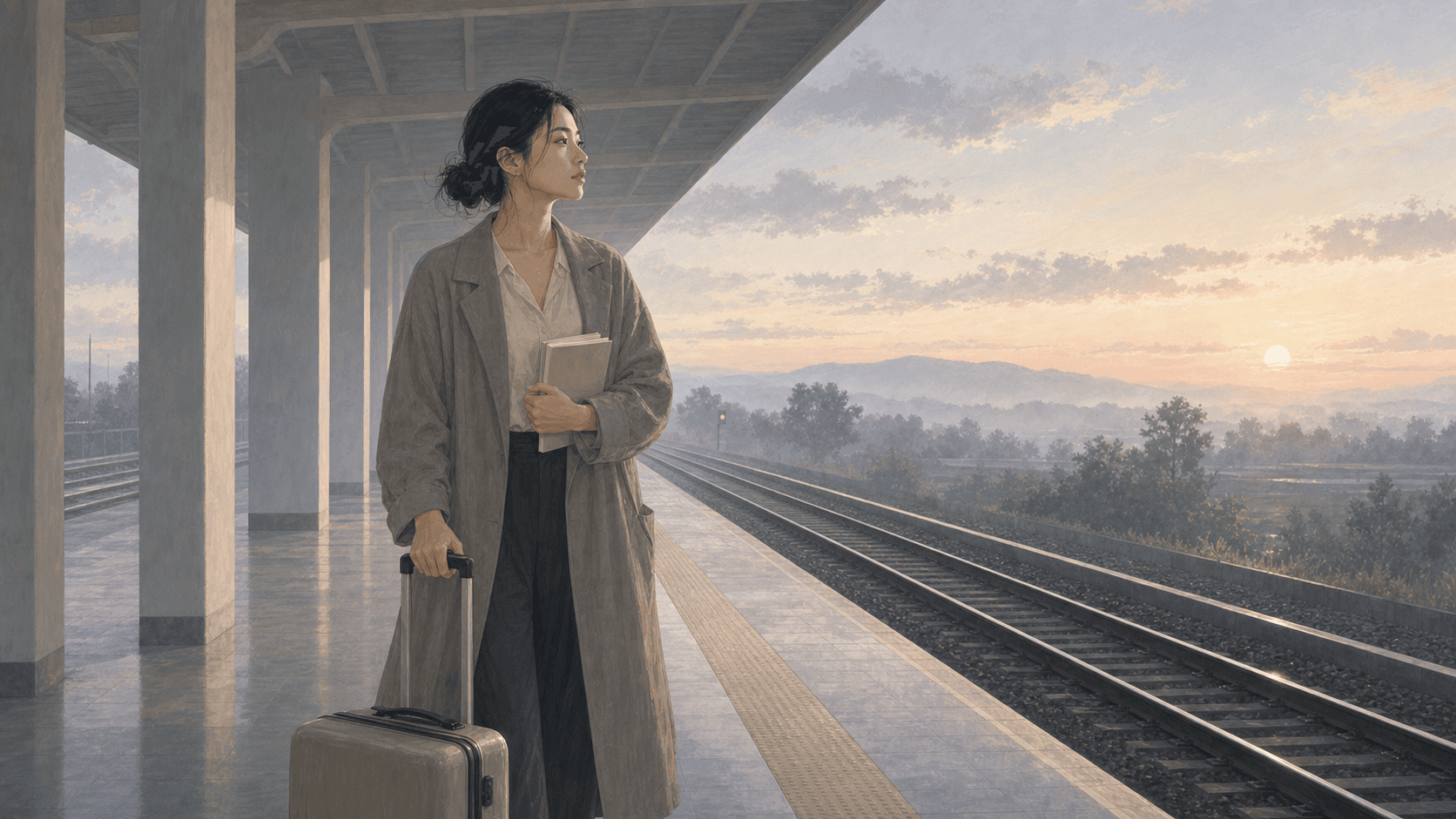 清晨車站月台上,成年女性拿著行李與筆記本望向遠方,呈現換大運前後的人生階段轉換