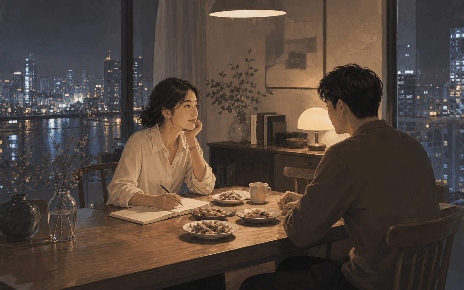 夜晚現代公寓餐桌旁,一位女性與伴侶看著素面帳本和命盤紙張,呈現男命財星感情與生活安排的插畫