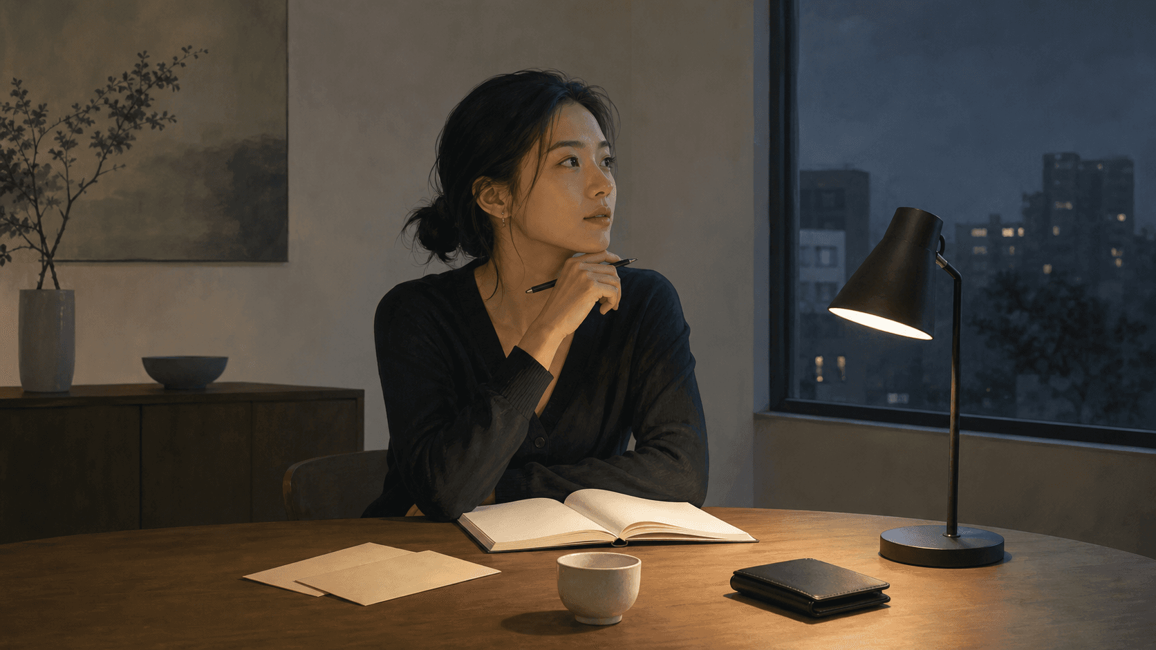 夜晚餐桌旁成年女性面對空白筆記、素面信封與茶杯,呈現金錢焦慮與安全感的插畫情境