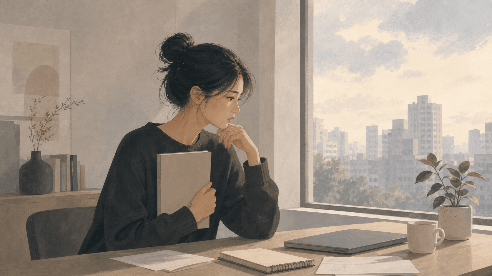 午後窗邊,一位女性抱著筆記本看向城市,呈現努力很久仍覺得自己不夠好的心情