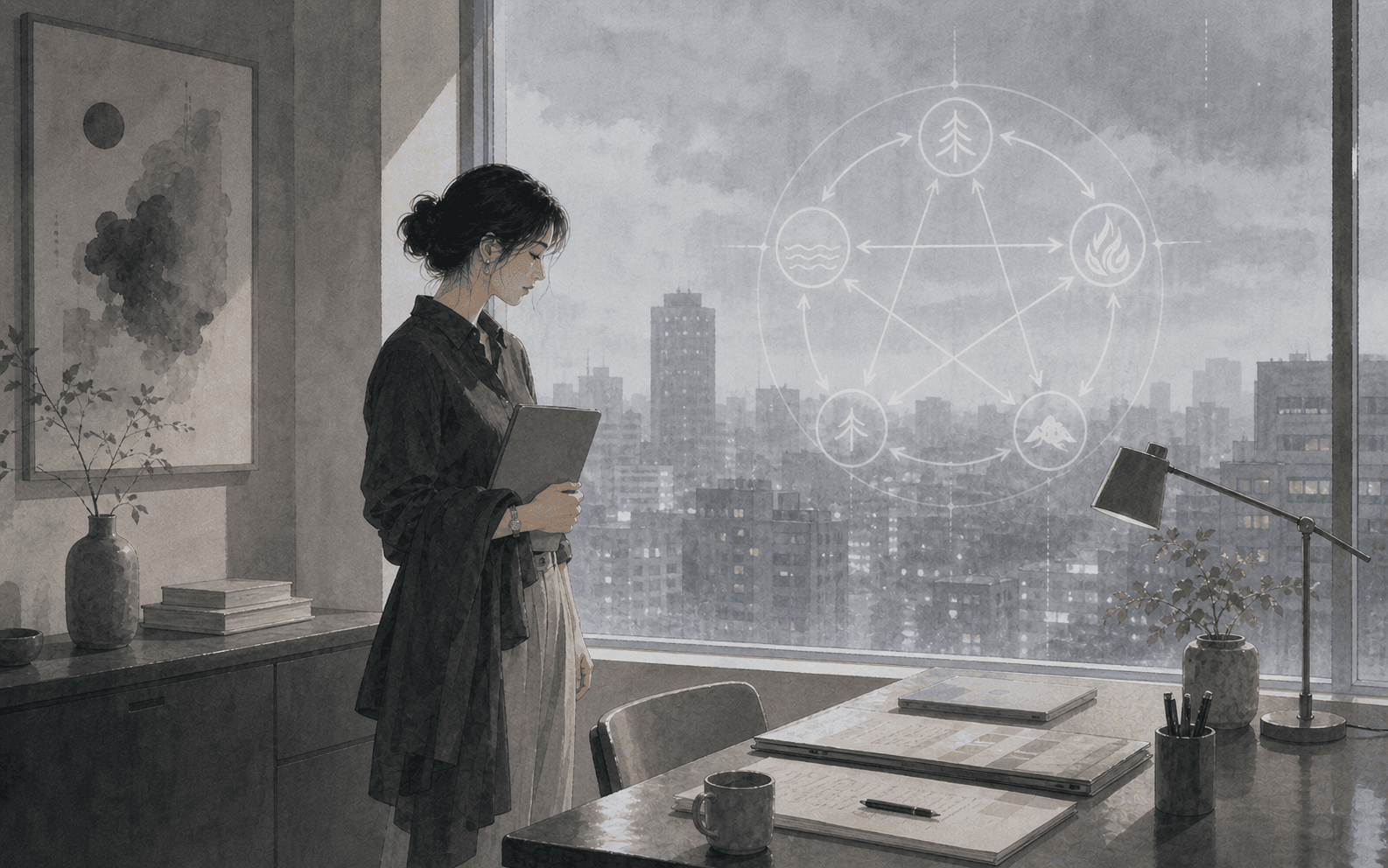 陰天城市窗邊成年女性整理文件與外套,玻璃上有淡淡五行線條,呈現正官七殺與責任壓力的插畫情境