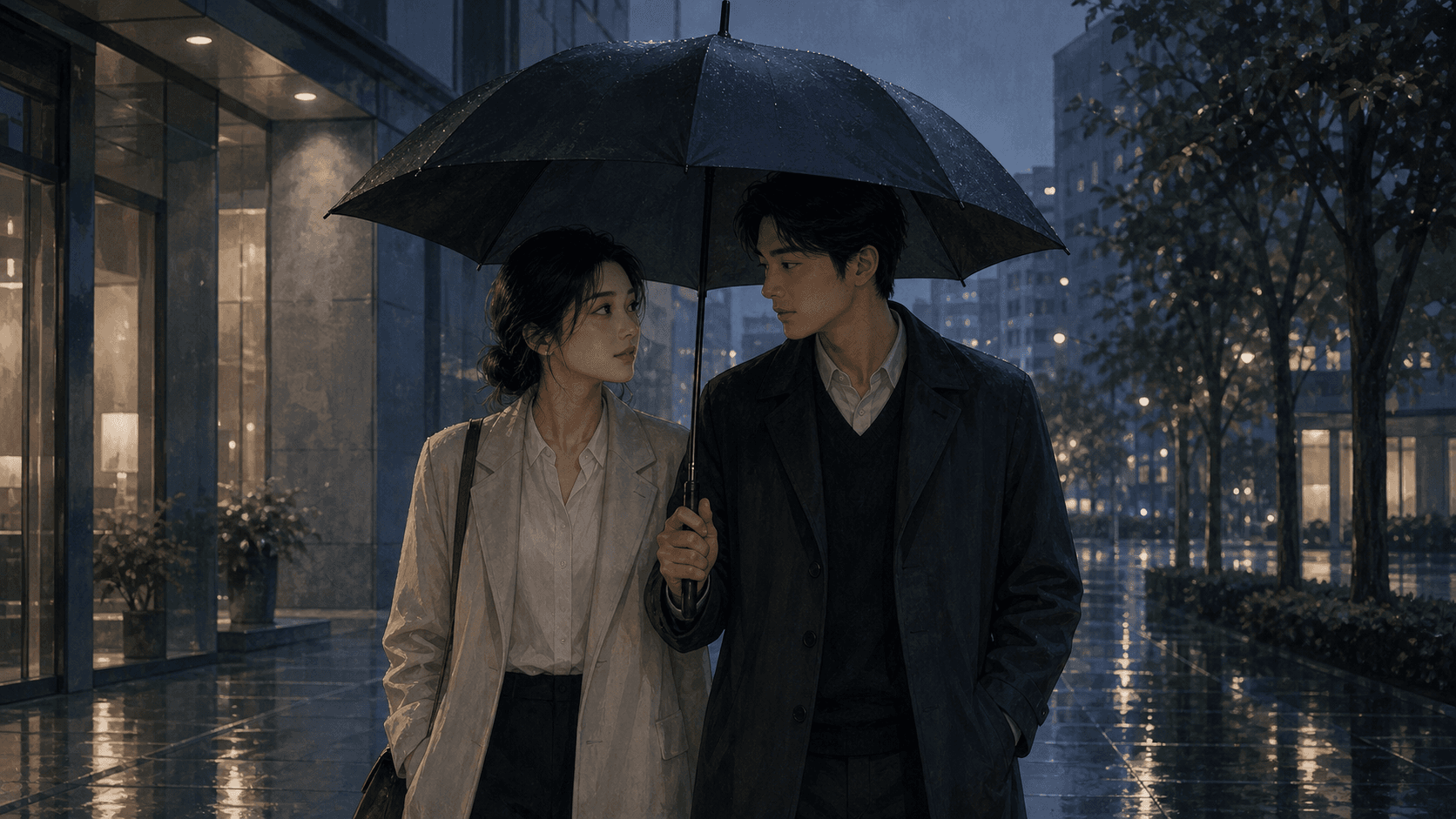 雨後城市街道旁,成年女性與伴侶並肩撐傘走路,氣氛安靜成熟,呈現官殺感情、承諾與安全感