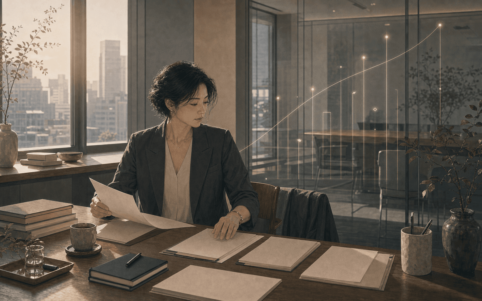 清晨辦公室裡成年女性站在會議桌旁整理文件,窗外冷光照進來,呈現官殺在工作裡的責任、職位與管理壓力